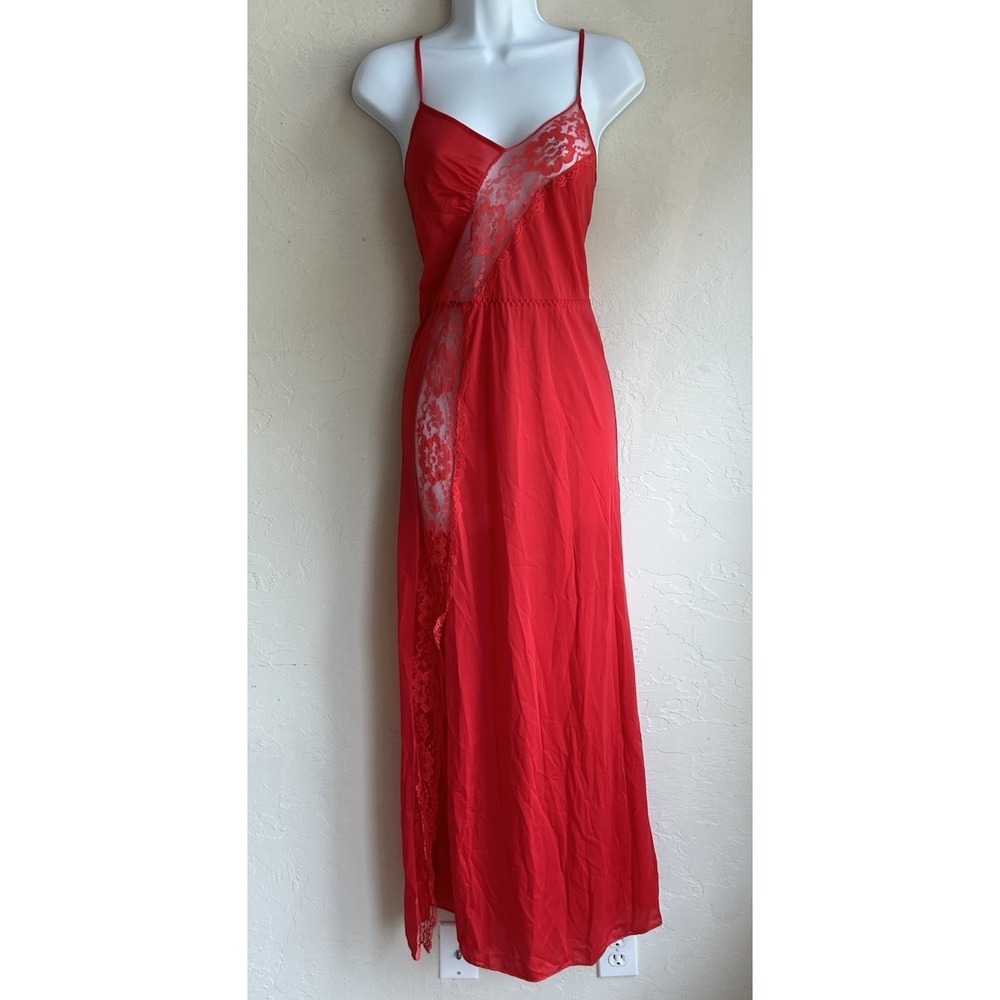 Vintage 70s Cattani Red Nylon Sheer Lace Maxi Slip Dress S Slit Lingerie Evening